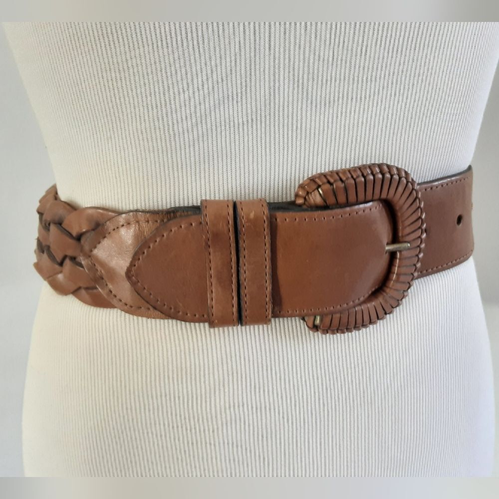 JOAN & DAVID Caramel Tan Woven Braided Genuine Calfskin Belt Medium